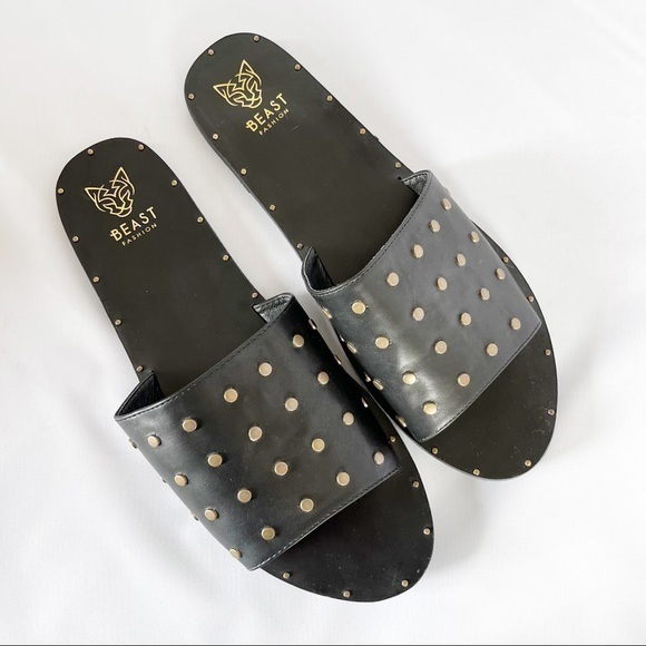 BEAST FASHION Shoes - Beast Fashion Sandals Black Slides Gold Stud Detail size 10